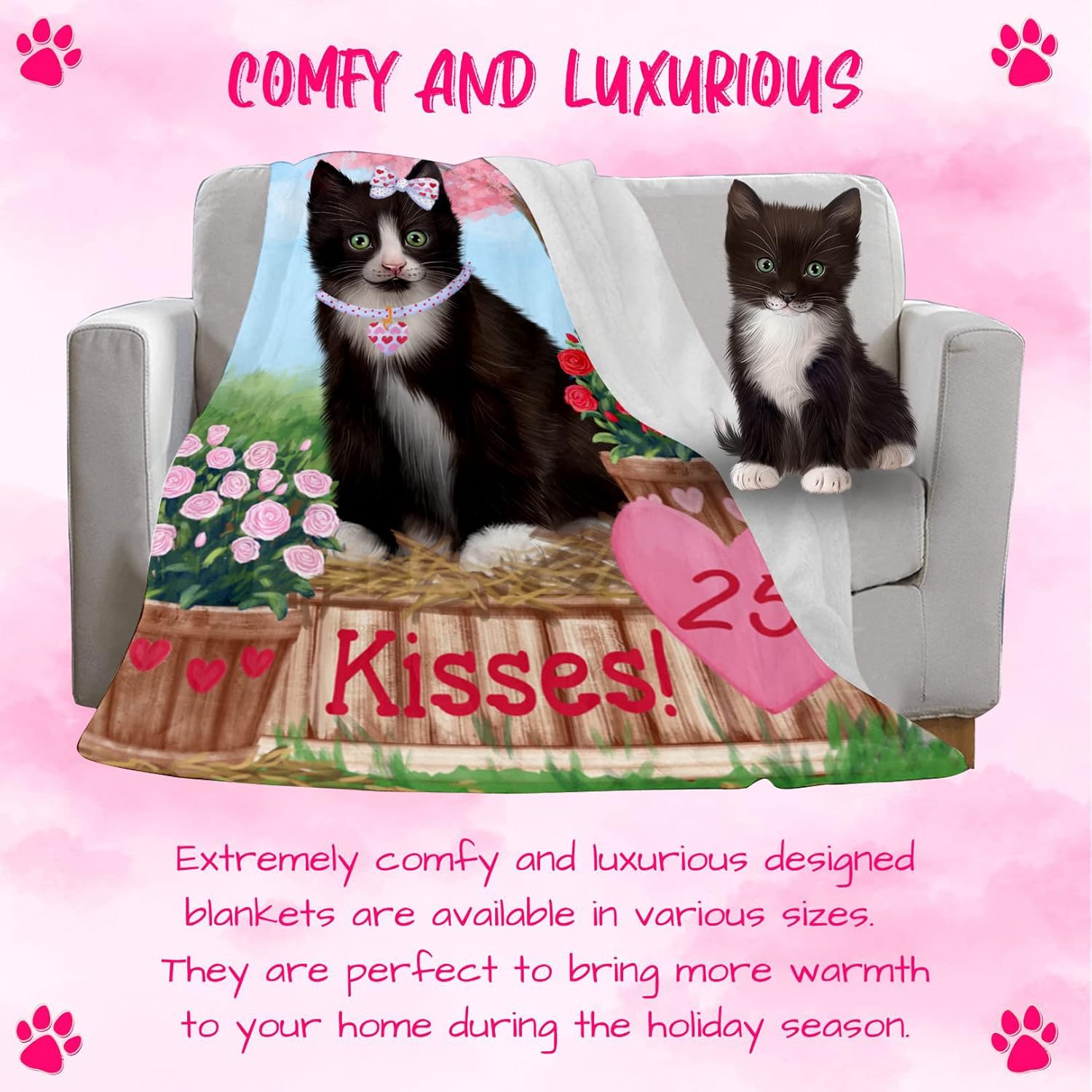 Rosie 25 Cent Kisses Tuxedo Cat Blanket - Lightweight Soft Cozy and Durable Bed Blanket - Animal Theme Fuzzy Blanket for Sofa Couch BLNKT61896 (50x60 Woven)