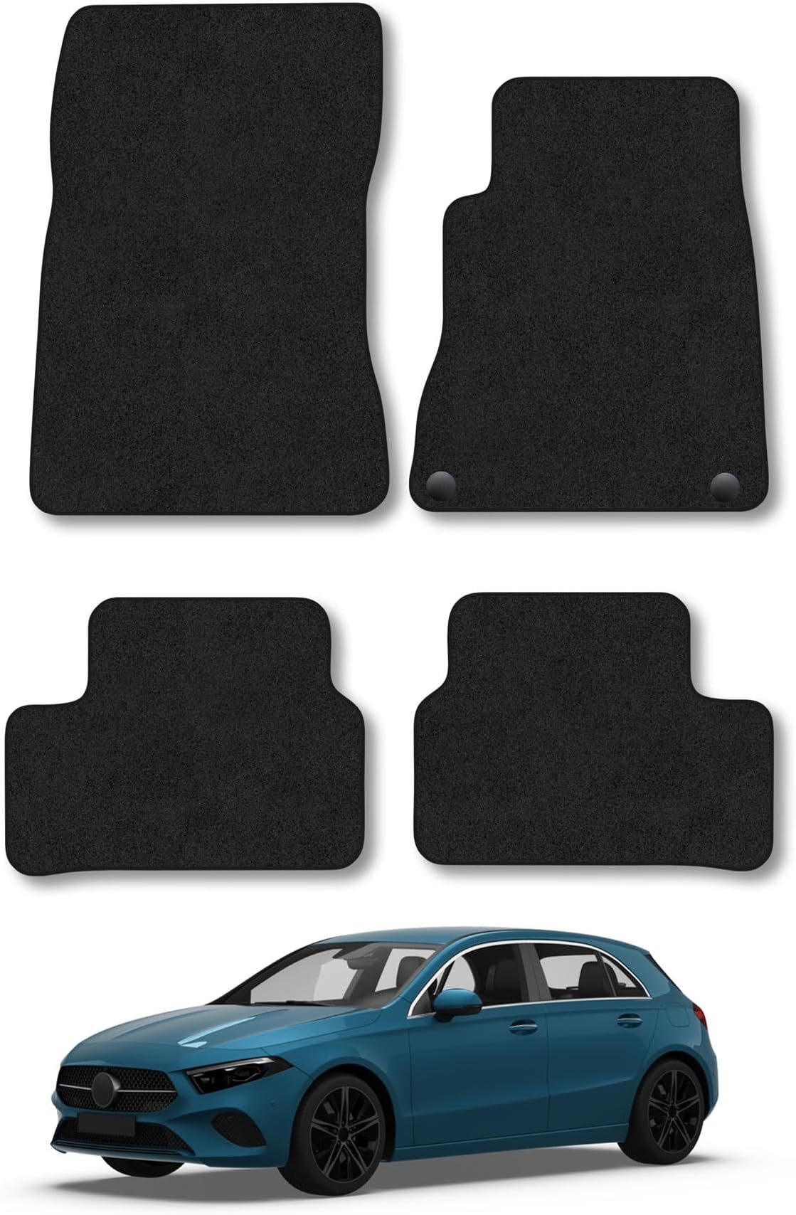 Mercedes A-Class (2018+) Car Mats Accessories Tailored Fit Carpet Floor Mats Non Slip Black Trim Full Coverage Compatible Accessory Front Rear Set Anti Slip Granulated Backing Hand-Finished Clips