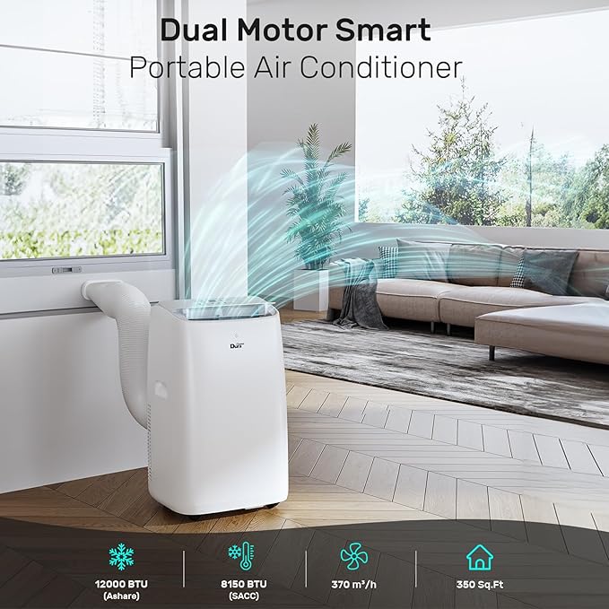 DuraComfort Portable Air Conditioners,12,000 BTU/8000 BTU (SACC) Dual Motors AC With APP for Quite,Cooling Up to 350 Sq.Ft,with Dehumidifier, Fan, Window Kit for Easy Installation,White