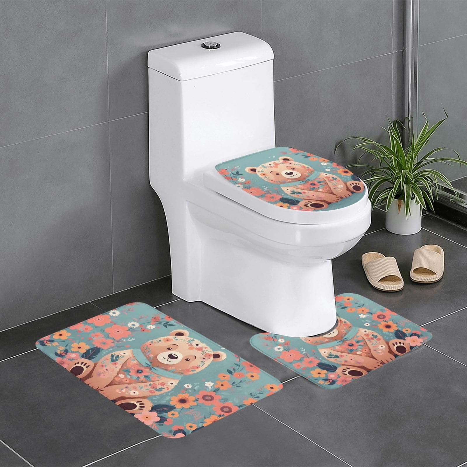 Tapis de salle de bain antidérapants 3 pièces avec motif ours fleuri pour WC et coiffeuse