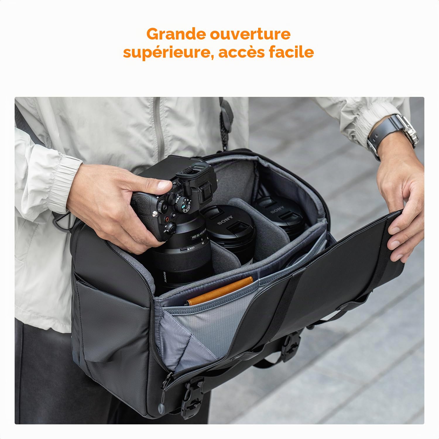 K&F CONCEPT Sac à Bandoulière pour Appareil Photo | Sac Photo réglable avec Compartiment pour Ordinateur Portable Support de trépied étanche Compatible DSLR/SLR/Objectif，BS04