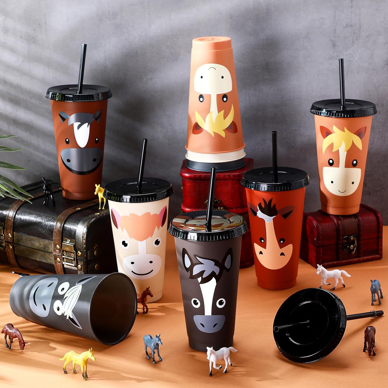 Mifoci 24 Pcs Horse Party Favors 24 oz Horse Cups with Lid Straw Cowboy Cups Bulk Horses Birthday Decorations Reusable Plastic Drink Tumbler for Birthday Gifts Racing Theme Animal Spring Party Supply
