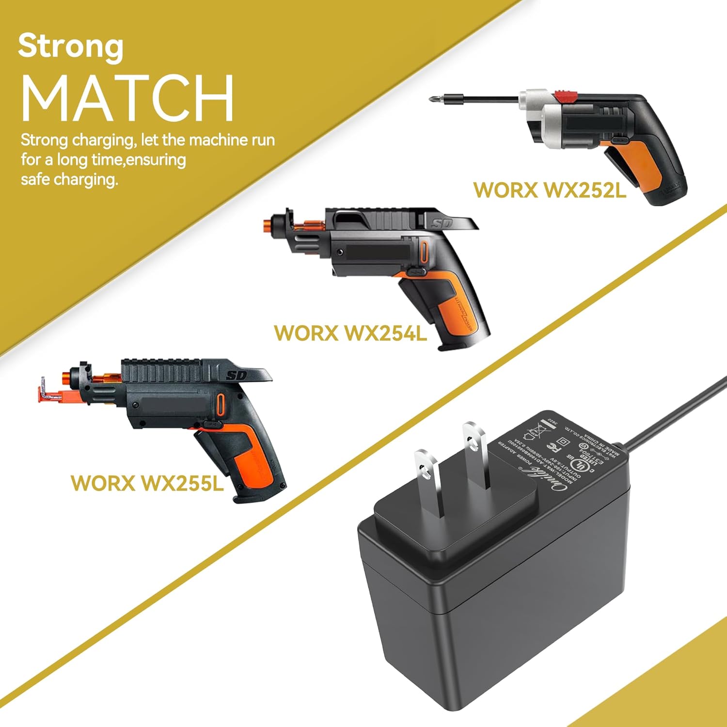 5V UL AC Adapter for Worx WX255L WX255L.2 WX255 WX255.1 SD Slide Driver WX253 WX253.1 WX254L WX252 WX252L Worx 4V Cordless Drill Screwdriver Works SD & XTD Driver Worx Zip Snip WX081L WX08IL