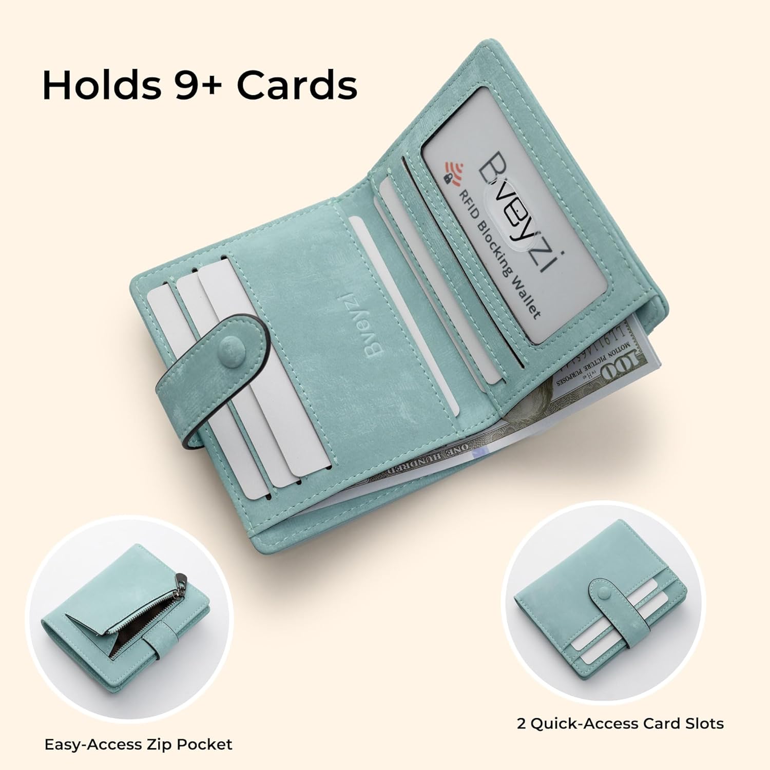 Bveyzi Slim Credit Card Holder Wallet for Women, RFID Blocking Lightweight Bifold with Zipper Pocket(Purist Blue) - Image 2