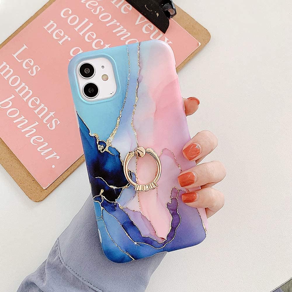 for iPhone 12/12 Pro Case 6.1 inch, Sparkle Blue Marble Design Bumper Shockproof Soft Rubber Silicone Cover Phone Case with 360 Degree Rotating Ring Kickstand Cover for Women Girls