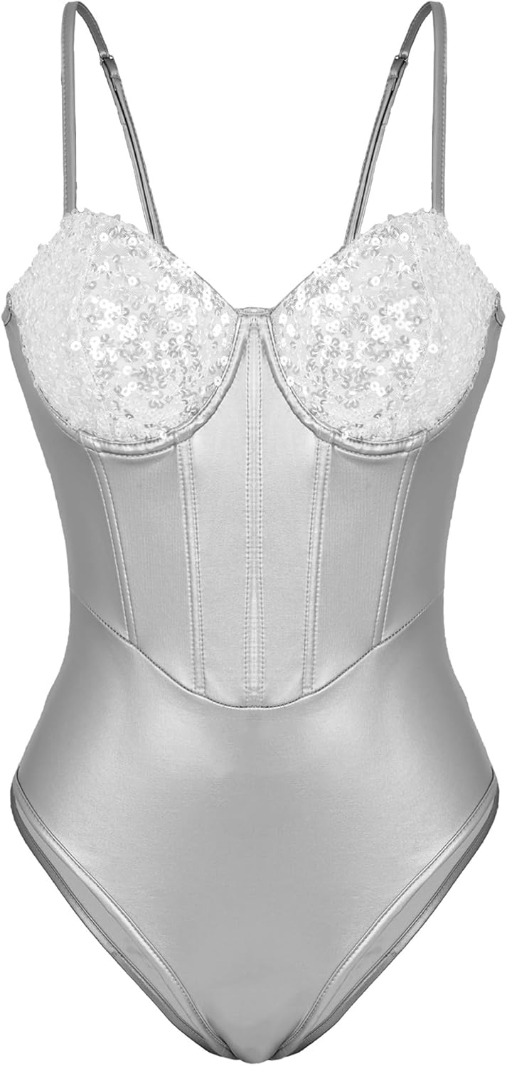 Women's Sparkling Sequin Metallic Corset Lingerie Bodysuit Top Party Club XS-XL