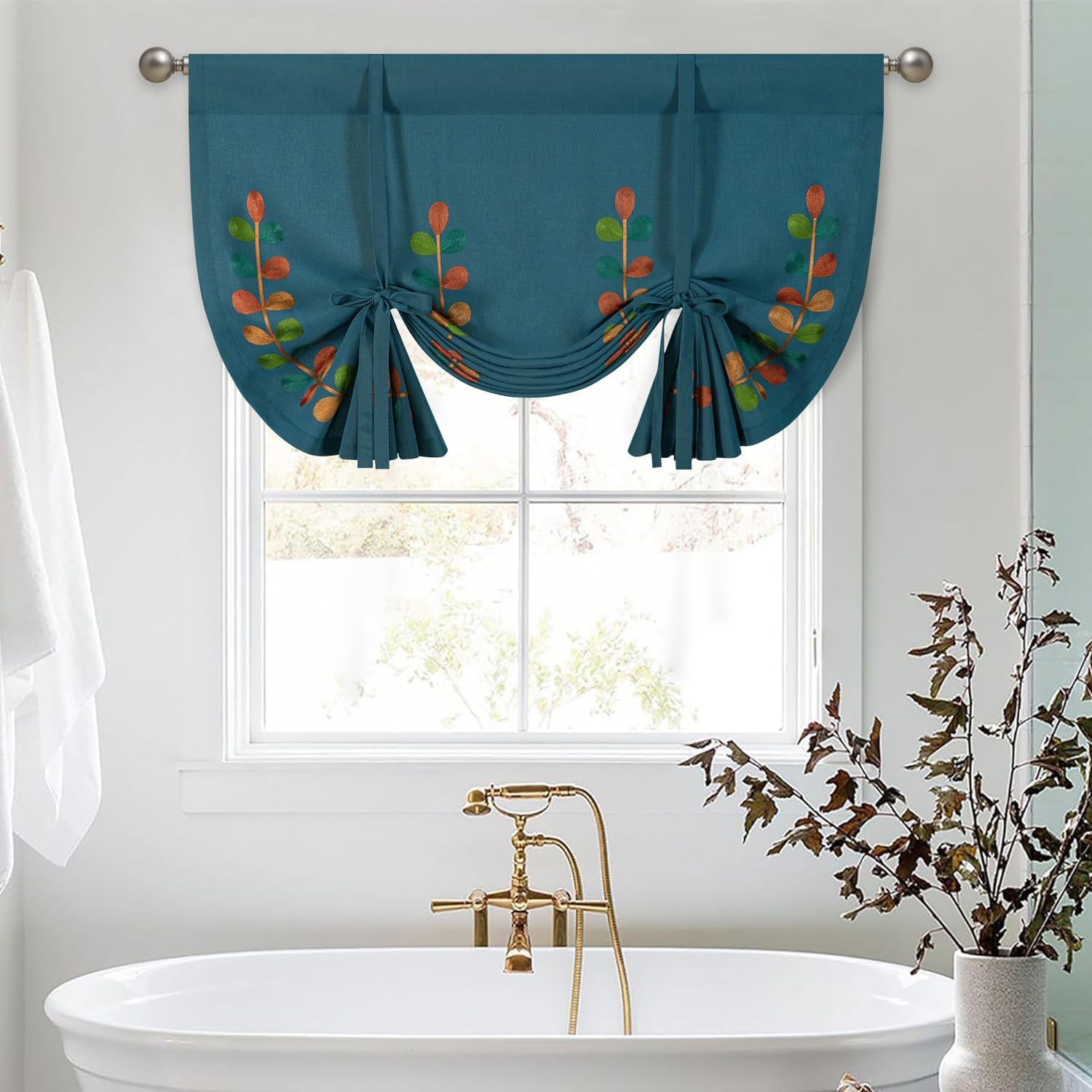 VOGOL Dark Blue Tie Up Kitchen Valance, Vivid Leaves Pattern Balloon Shade Window Treatment, Length Adjustable Not See Through Drapes for Living Room, 1 Panel, 42 x 63 Inches