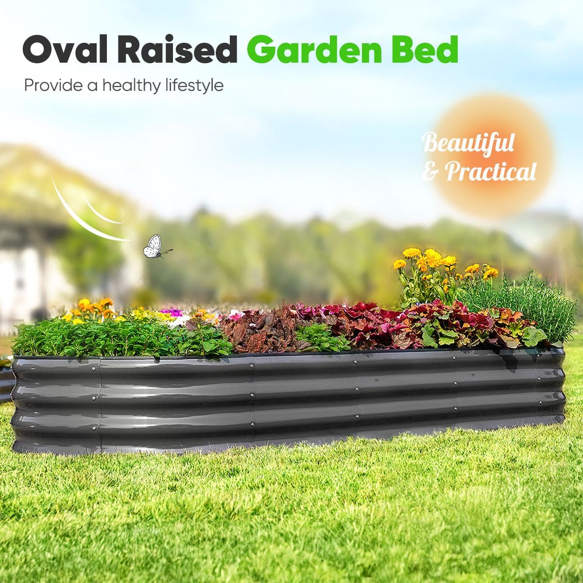 Quictent Galvanized Raised Garden Bed Kit with Self Watering System and Mesh Cover, Large Oval Metal Outdoor Planter Garden Boxes for Vegetables Herbs Flowers, 8x3x1Ft 8x3x1 FT Self Watering System and Mesh Cover