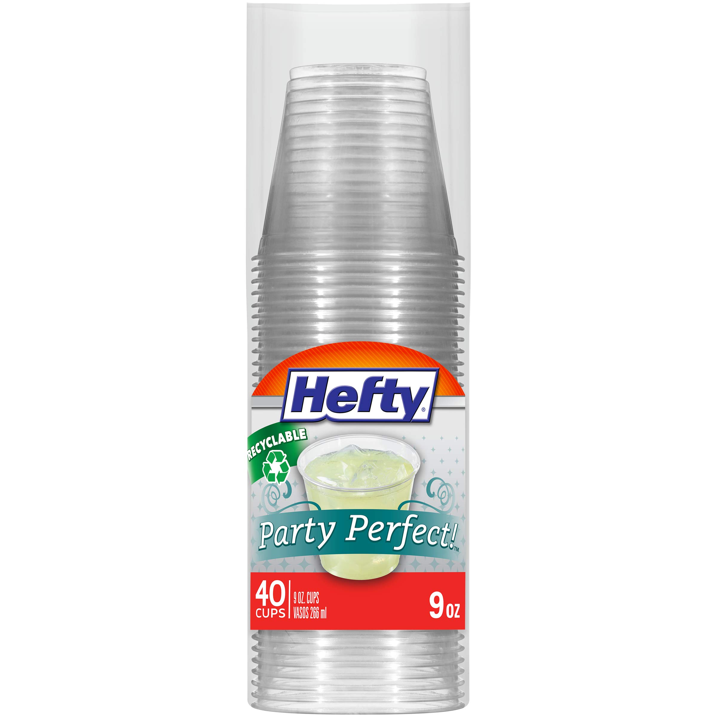 Hefty Party Perfect Clear Plastic Cups, 9 Ounce, 40 Count (Pack of 12), 480 Total