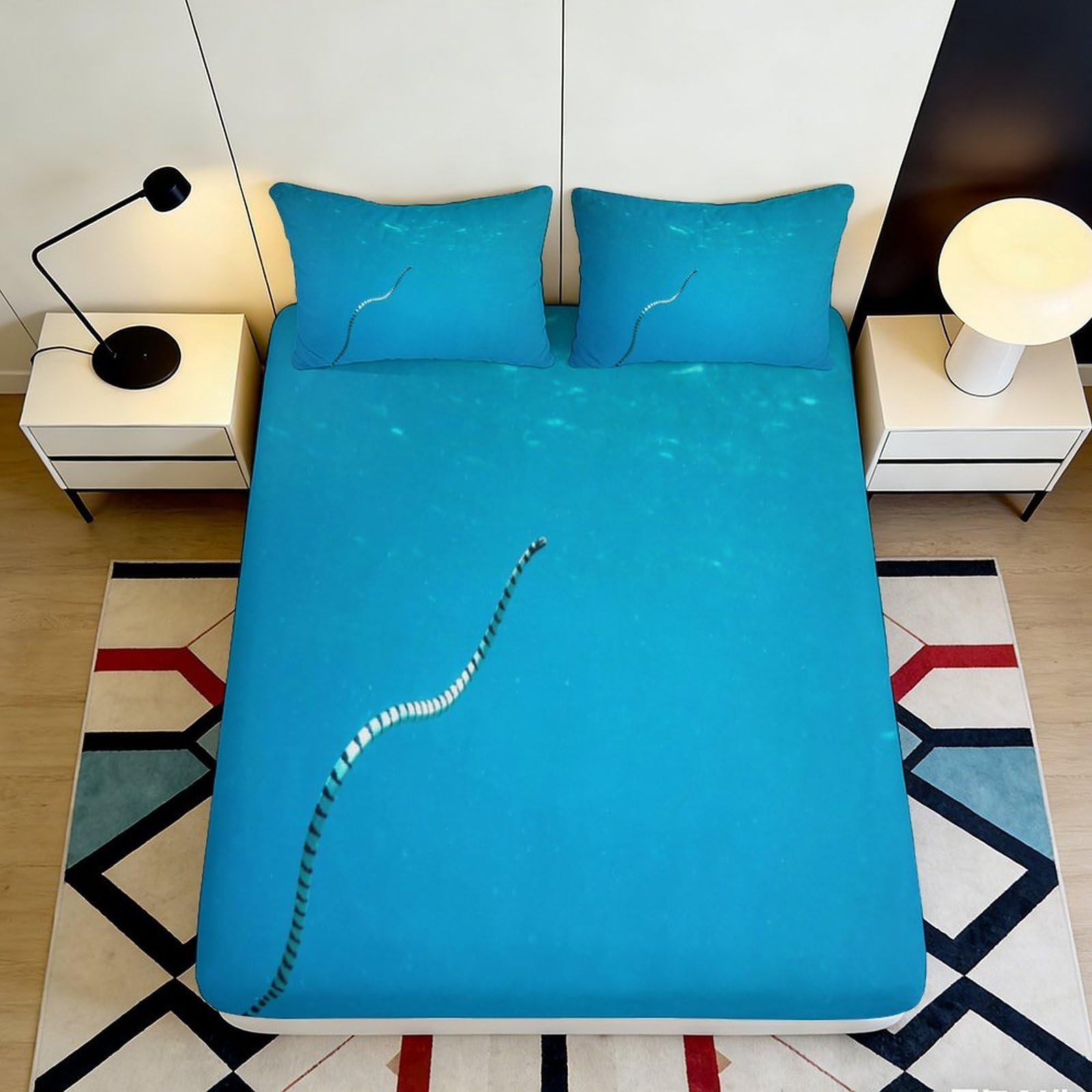 3D Printed Ocean Snake Fitted Sheet Microfiber Soft Durable Blue Bed Cover with Mattress Protection for Bedroom Dormitory Guest Room 180x200x25cm