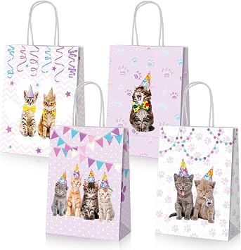 Yisong 24 Pcs Cat Party Favor Bags Cat Theme Goodie Bags Candy Treats Bag, Birthday Party Decoration Supplies, Pet Favors Pet Animal Birthday Supplies