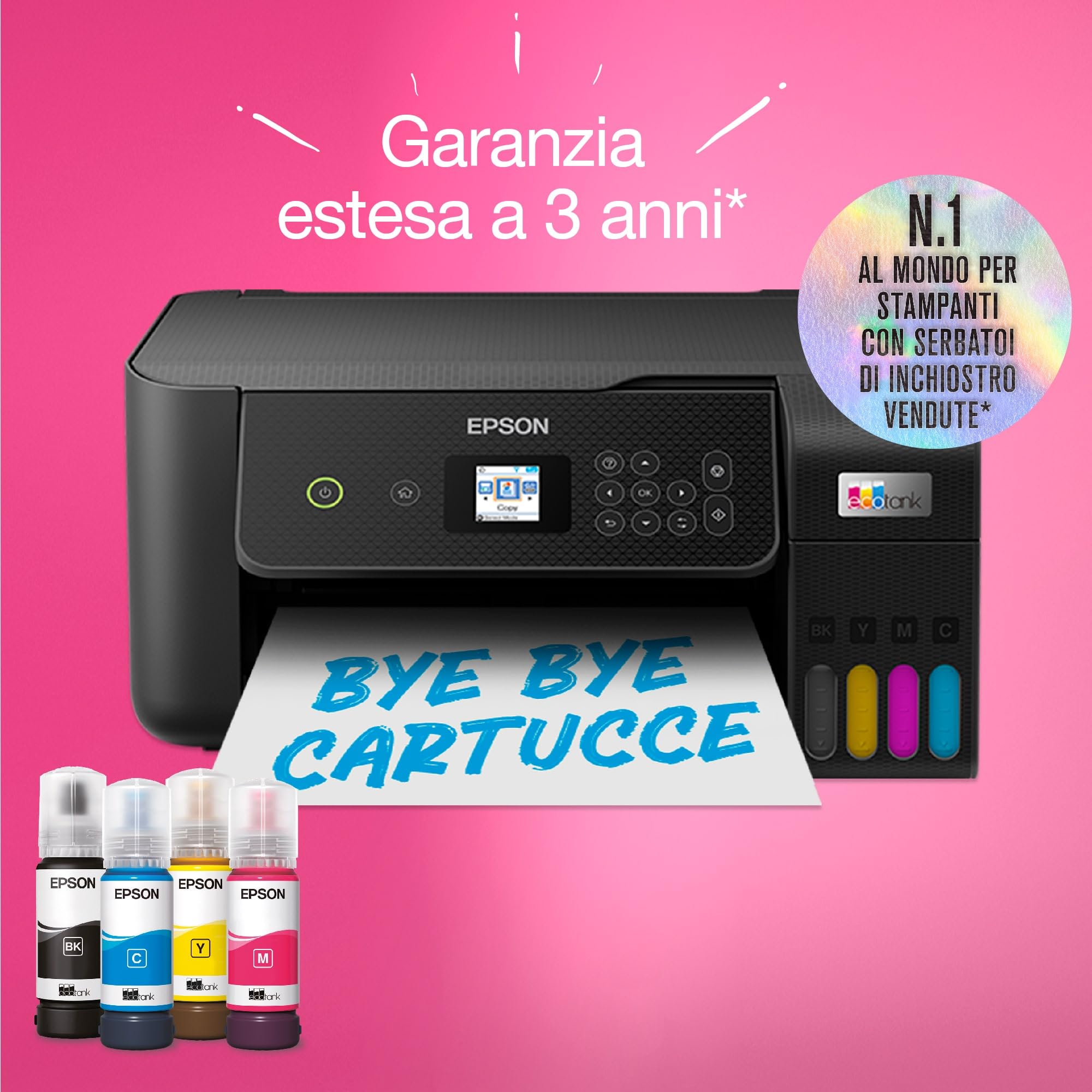 Epson EcoTank ET-2820 stampante Multifunzione A4 (stampa, copia, scansione) USB, Wi-Fi, Wi-Fi Direct, display LCD 3,7 cm, serbatoi flaconi alta capacità, Smart Panel, fronte/retro, Nero