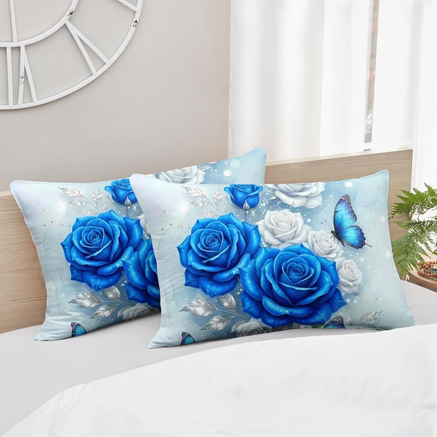 AILONEN Floral Butterfly Comforter Set Queen Size - Blue White Flower Bedding Set with 2 Pillowcases - Soft Microfiber All Season for Room Decor,3Pcs
