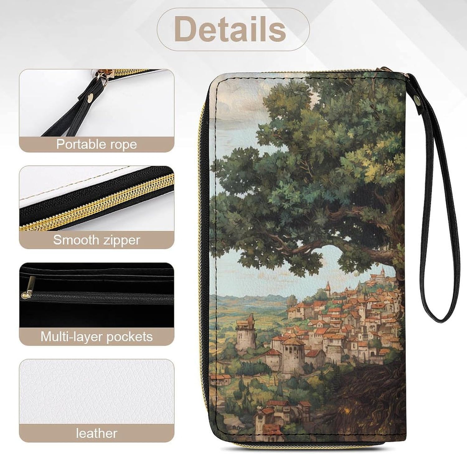 Medieval Giant Tree City Wristlet PU Leather Wallet for Women Long Purse Multi-layered Cluth Bag Handbag