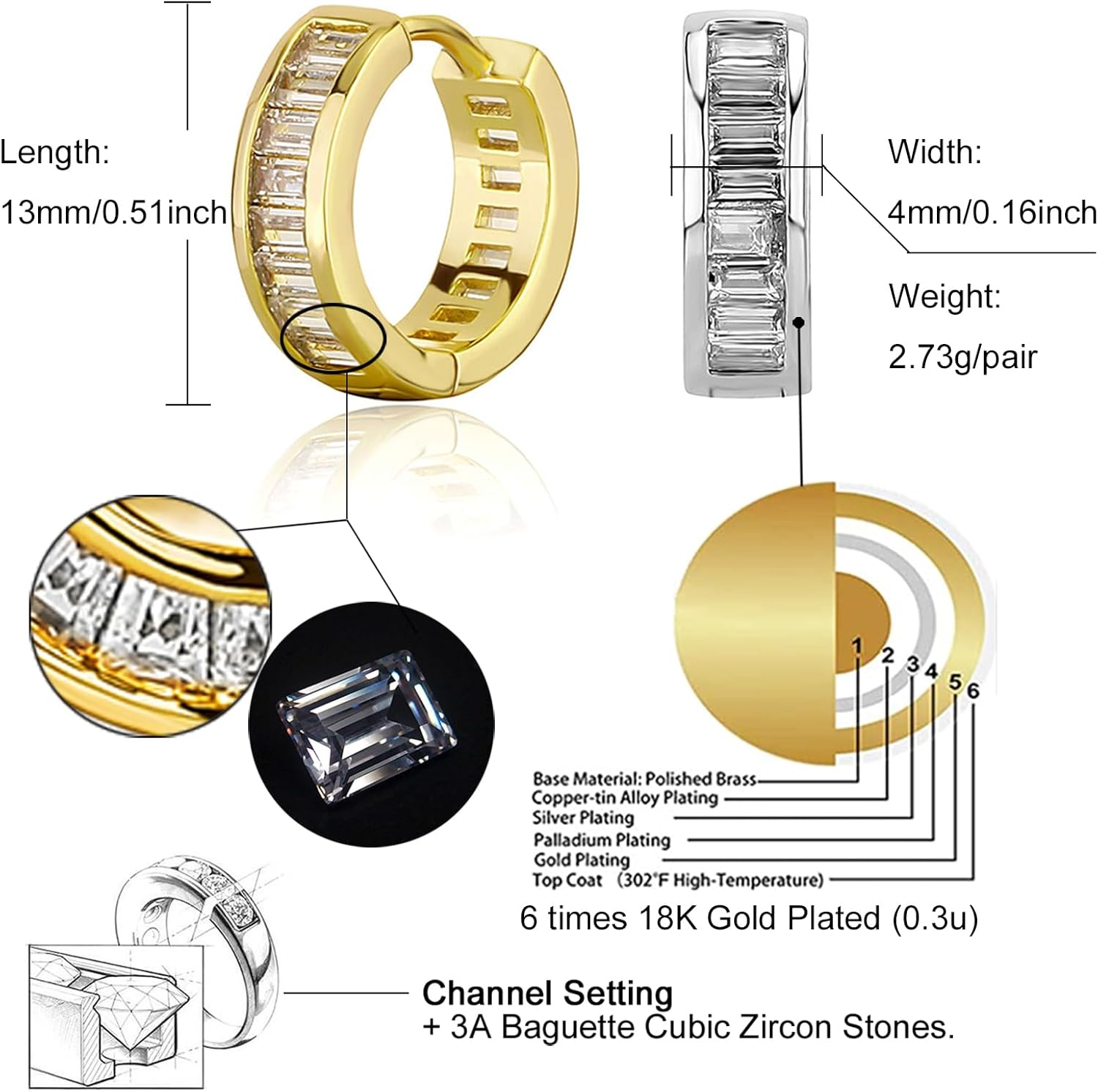 Hoop Earrings for Women 18K Gold Plated Iced Out Silver Huggie Earrings for Men Hypoallergenic Cubic Zirconia Earrings - Image 2