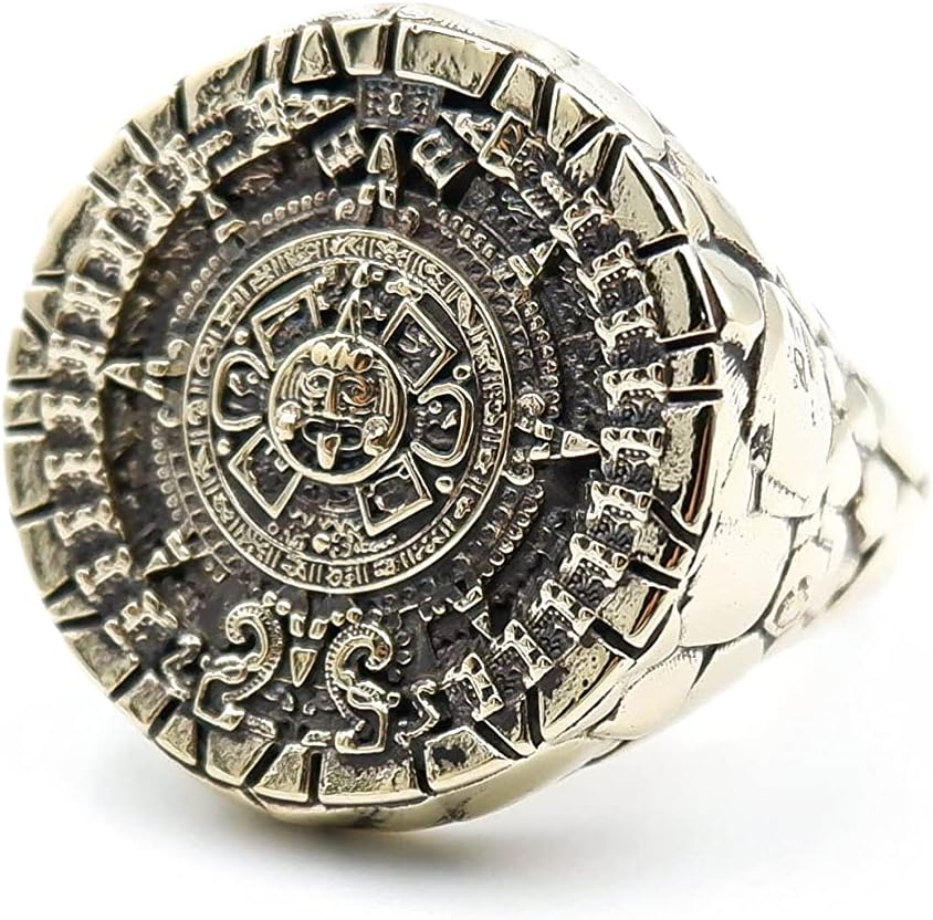 Aztec Mayan Calendar Ring for Men Sun Brass Jewelry BR-332