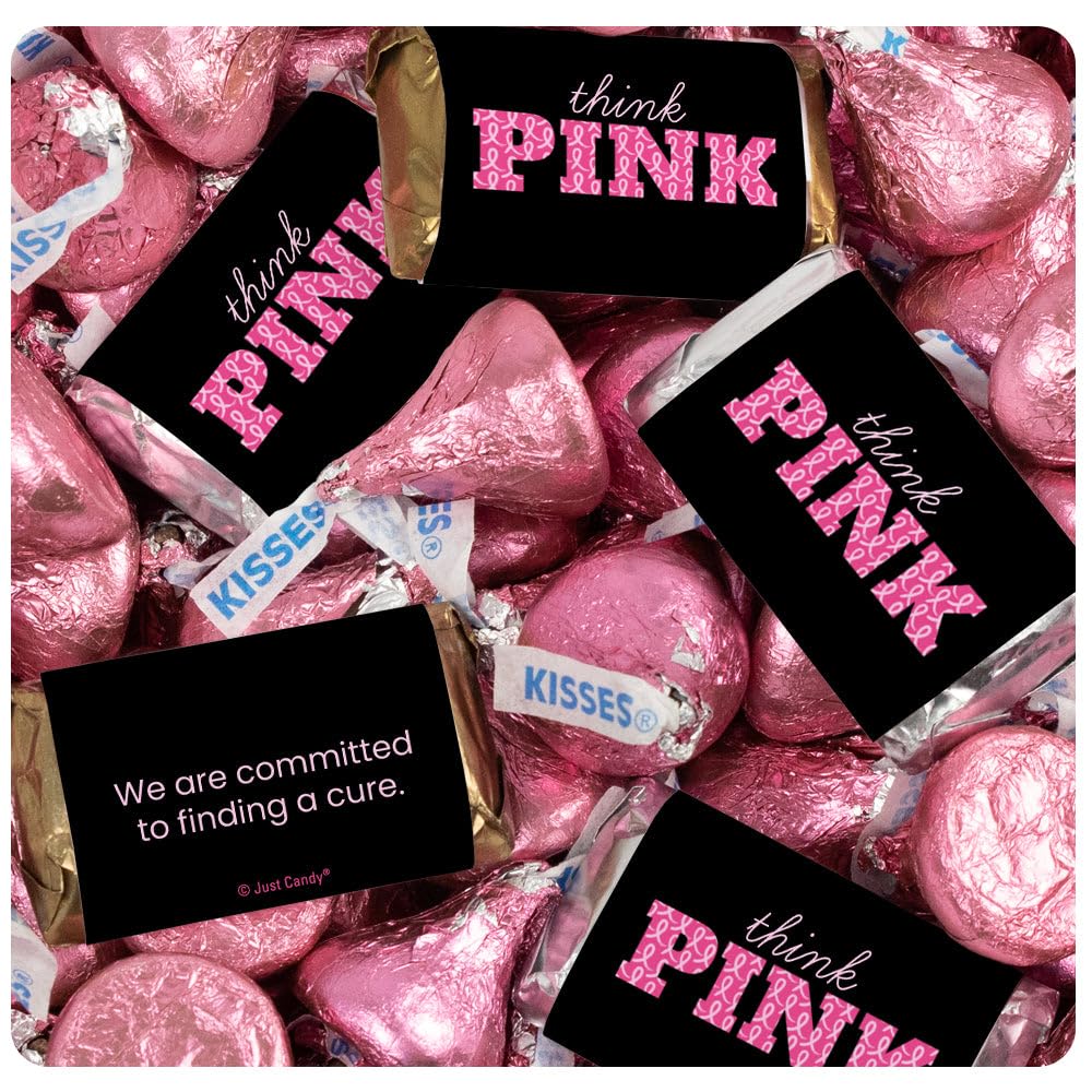 124 Pcs Breast Cancer Awareness Candy Gifts & Favors Wrapped Miniatures and Pink Kisses - Think Pink (1.52lb)