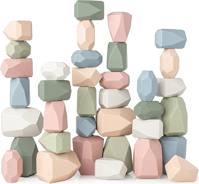 Comfy Cubs Stacking Rocks 36 Pieces, 36 Months, Educational Wooden Stacking Toy Set, Promotes Imagination, Balance and Fine Motor Skills - Giftable Building Blocks Toddler Activities, Neutral Pack
