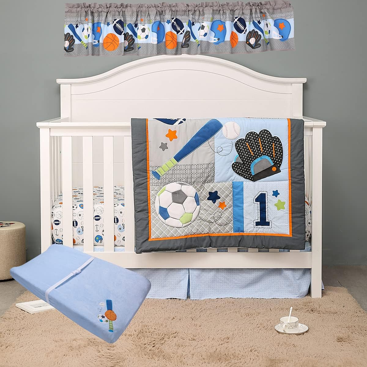 5 PCs Blue Grey Sports Themed Nursery Crib Bedding Set Quilt Fitted Sheet Skirt Window Valance Changing Pad Cover Sheet