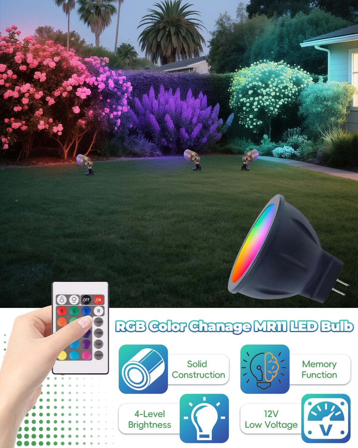 RGB MR11 LED Bulbs Color Changing, GU4 Bi-pin Base, Warm White+15 Multicolors and 4-Level Brightness on Remote Control, 12V MR11 Halogen Bulb Replacement