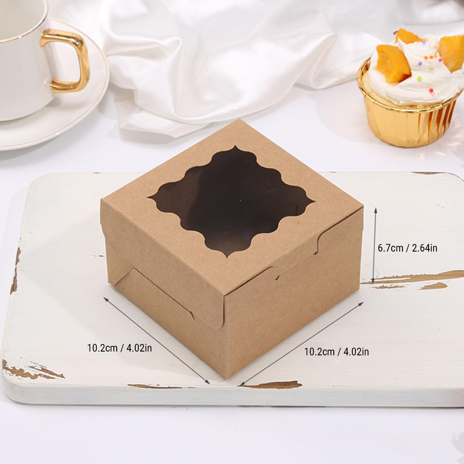 KKPLZZ Scatole da Forno in Carta Kraft, 350 G con Finestra Ondulata e Adesivi di Ringraziamento per Dolcetti Cupcake Macaron (50 pezzi)
