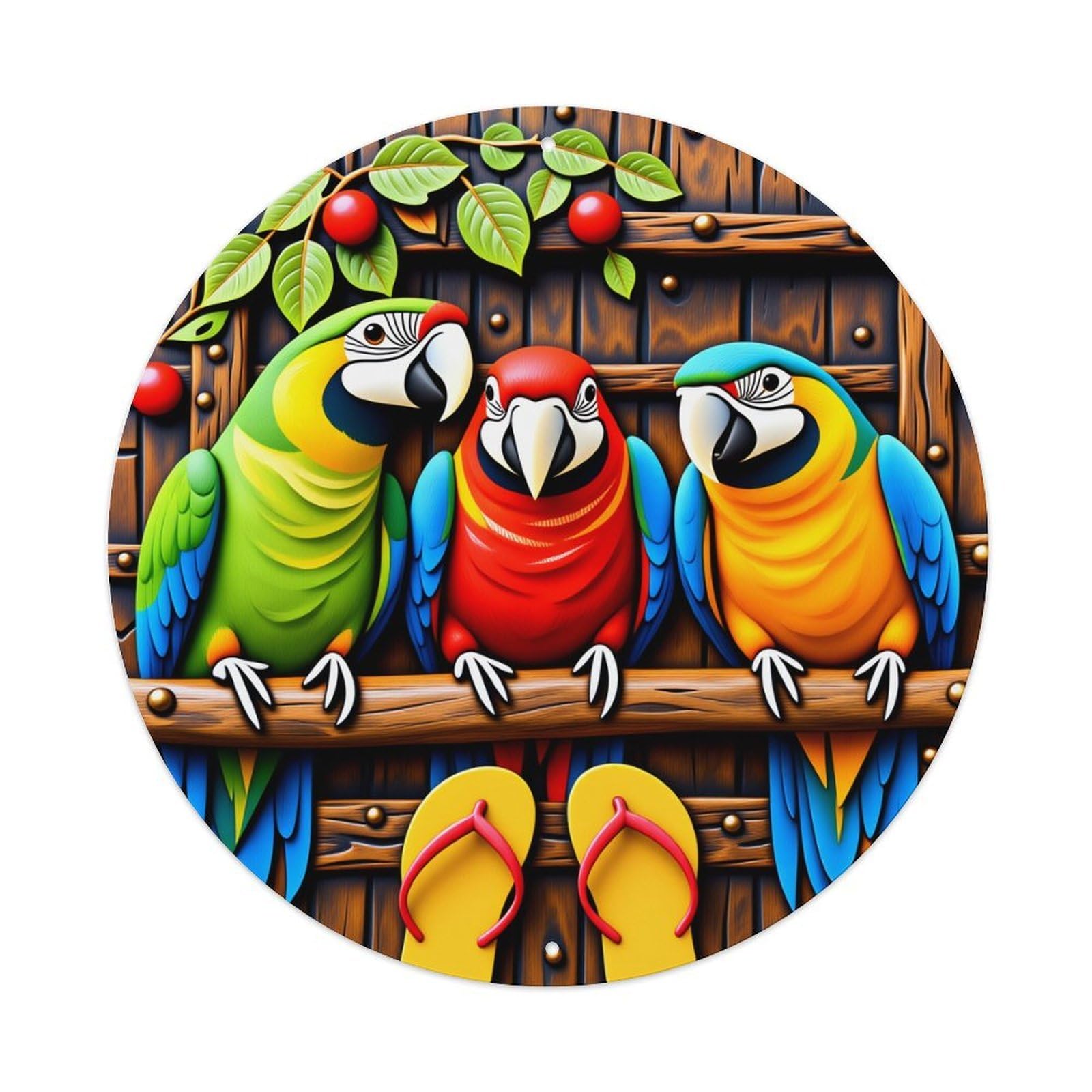 Parrot Tropical Wood Flip Flop Leaves Round Tin Sign Vintage Style Metal Sign Home Bar Garden Wall Plaque Decor Metal Poster 8x8 Inch