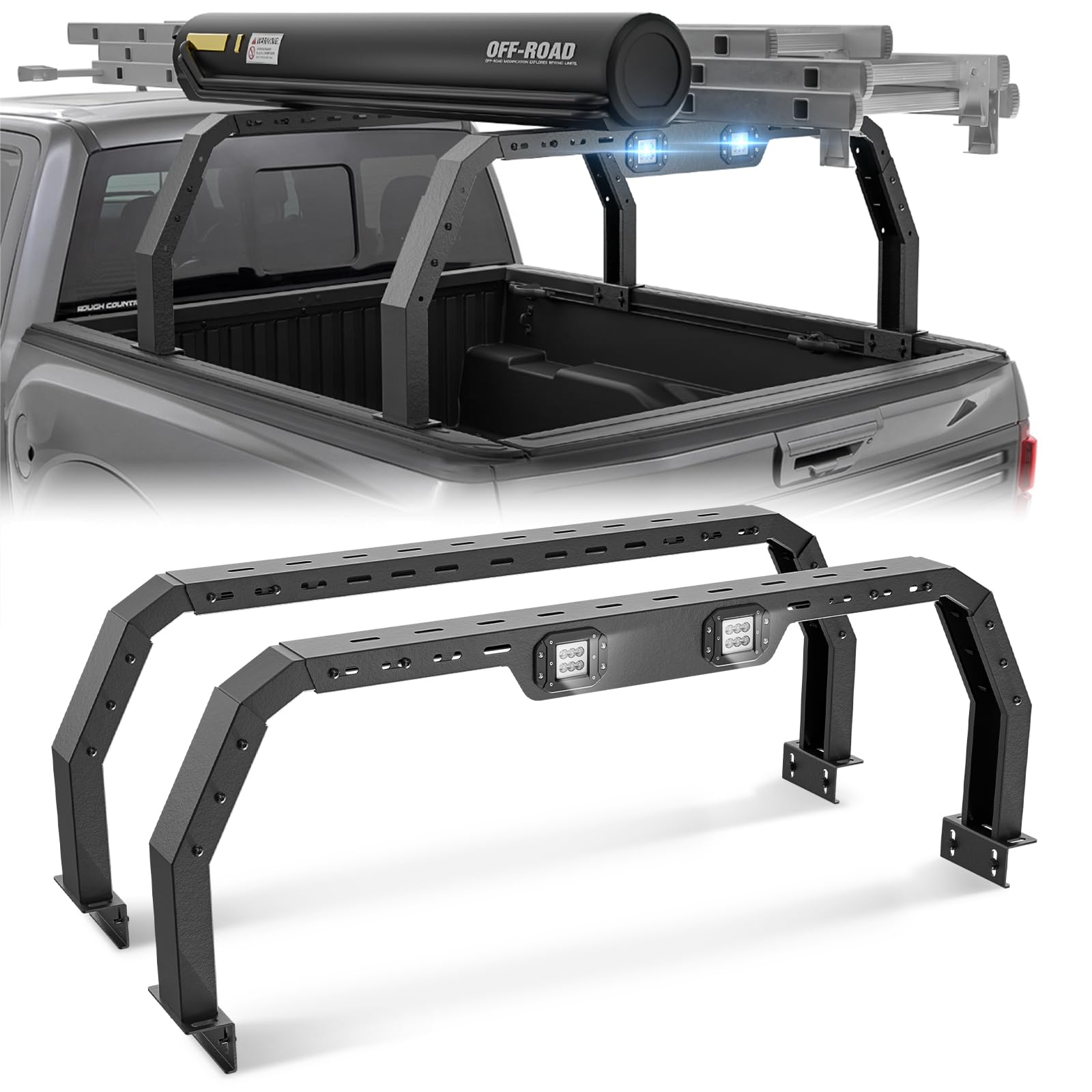 Bed Racks Truck Cargo Carrier Compatible with Ford F150/Chevy Silverado & GMC Sierra 1500/Dodge Ram 1500 with 2 Led Light Bars, Overland Rear Truck Cross Bars Back Ladder Rack