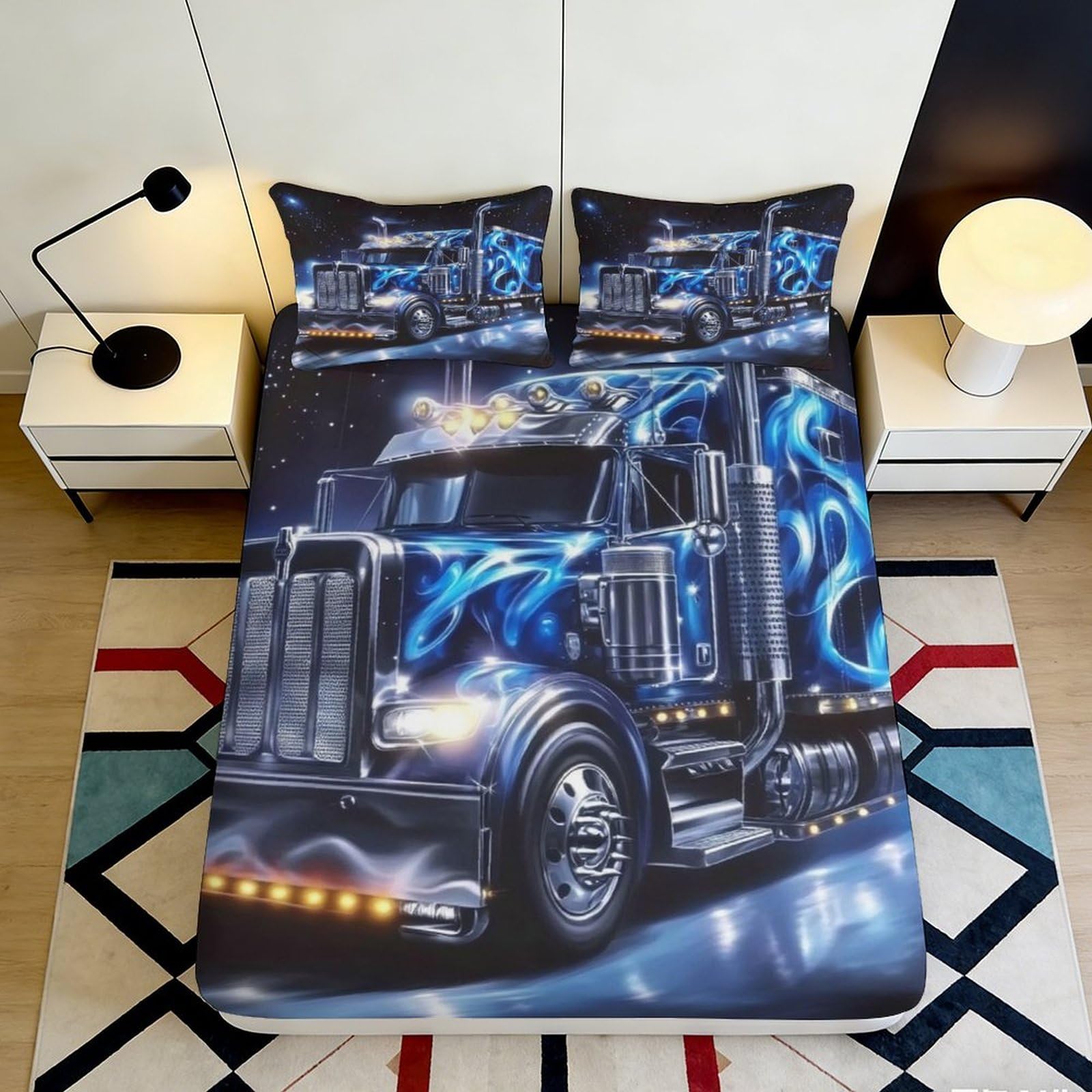 3D Printed Truck Motif Fitted Sheet Microfiber Soft Blue Bed Cover for Bedroom Dorm Mattress Protection Decor 90x200x25cm