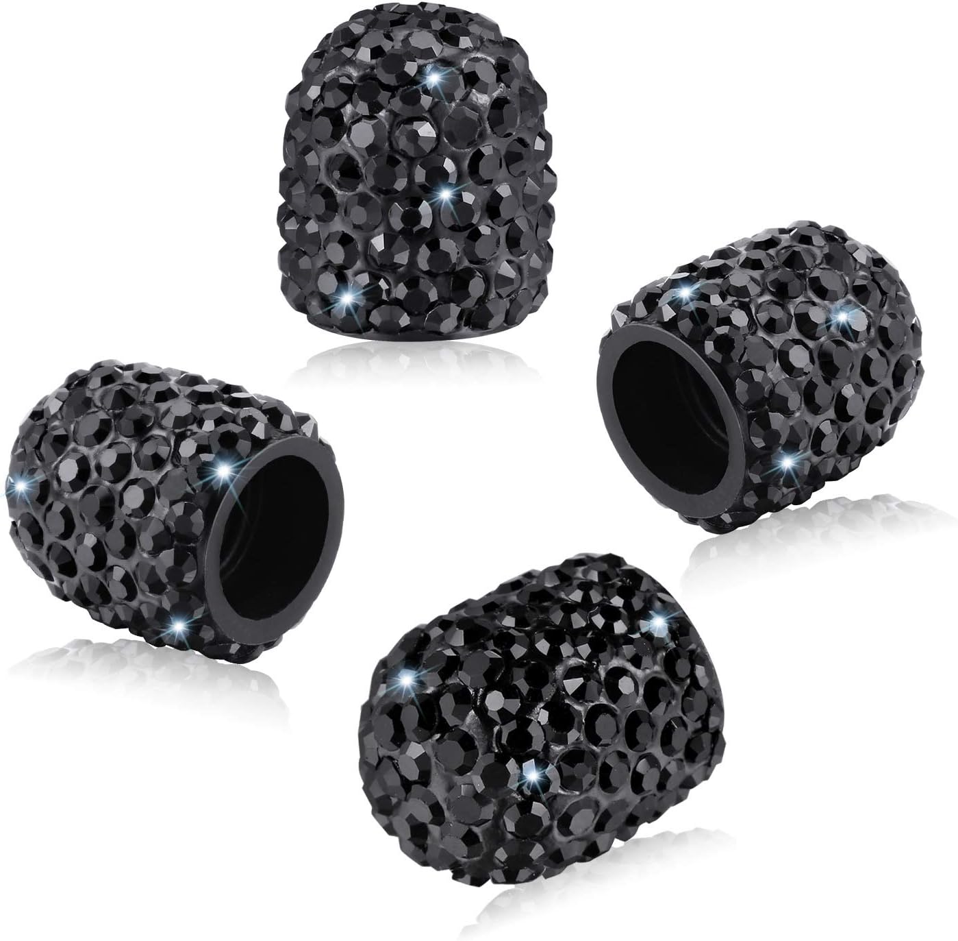 Valve Stem Caps 4 Pack Handmade Crystal Rhinestone Universal Tire Valve Dust Caps Bling Car Accessories with 1 Piece Ring Emblem Sticker for Auto Ornaments (Black)
