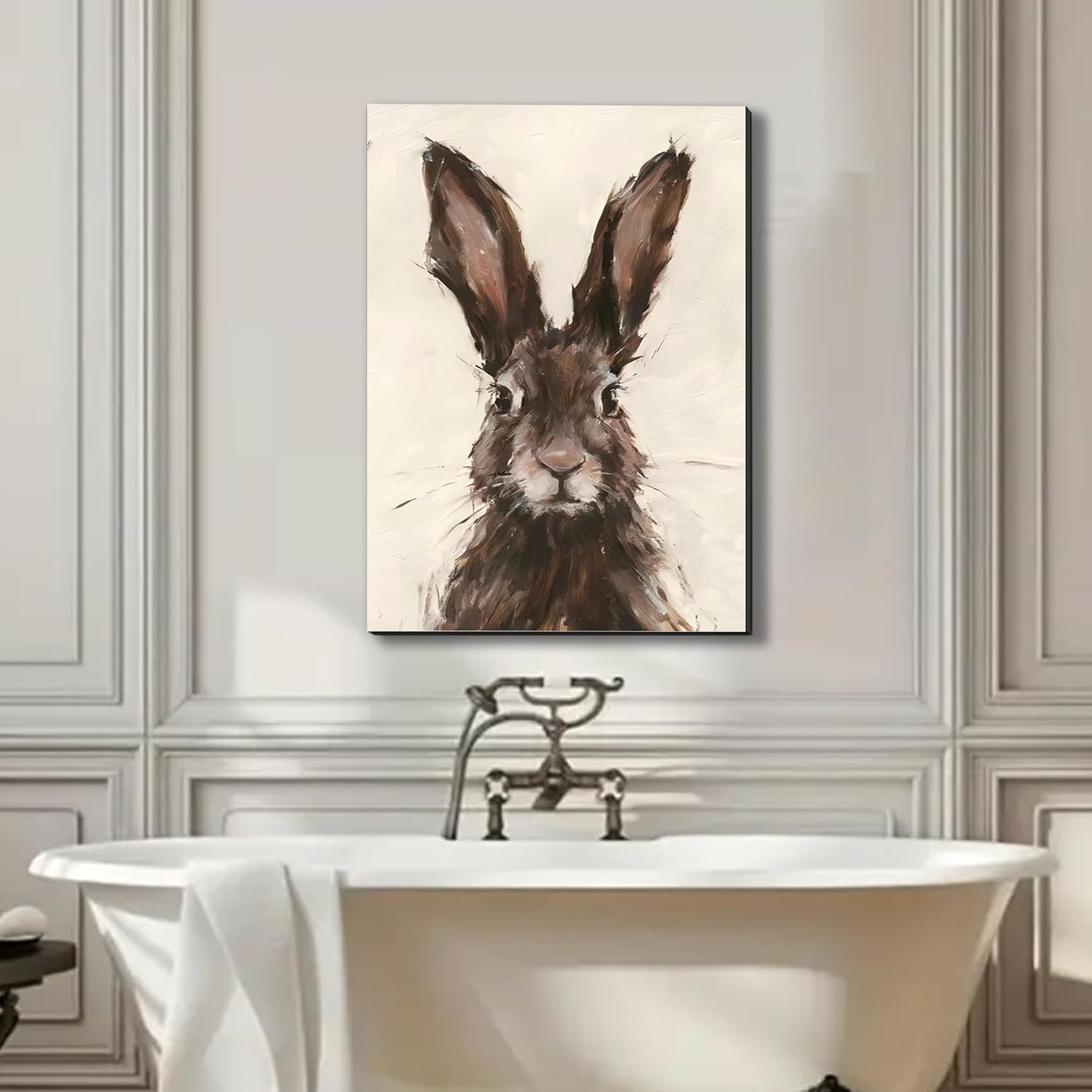 FLZYKGPA Painting Prints Brown Rabbit Canvas Wall Art - Neutral Tone Brushstroke Bunny Portrait, Modern Rustic Decor for Living Room Gallery Kitchen, High Definition Print Ready to Hang Artwork