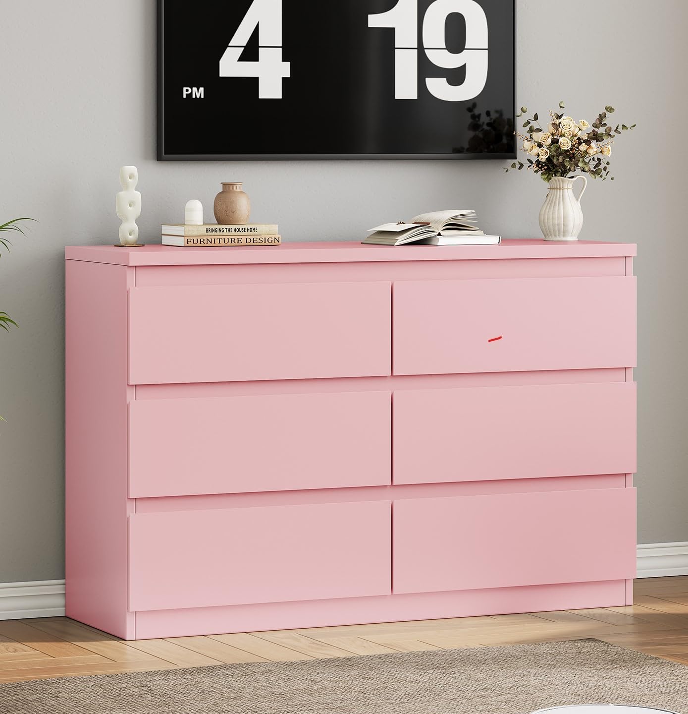 Modern Pink 6 Drawer Dresser - Simply Chest of Drawers for Bedroom, Closet, Living Room, Hallway, Entryway, Wood Storage Double Dresser with Smooth Metal Rails - Pink