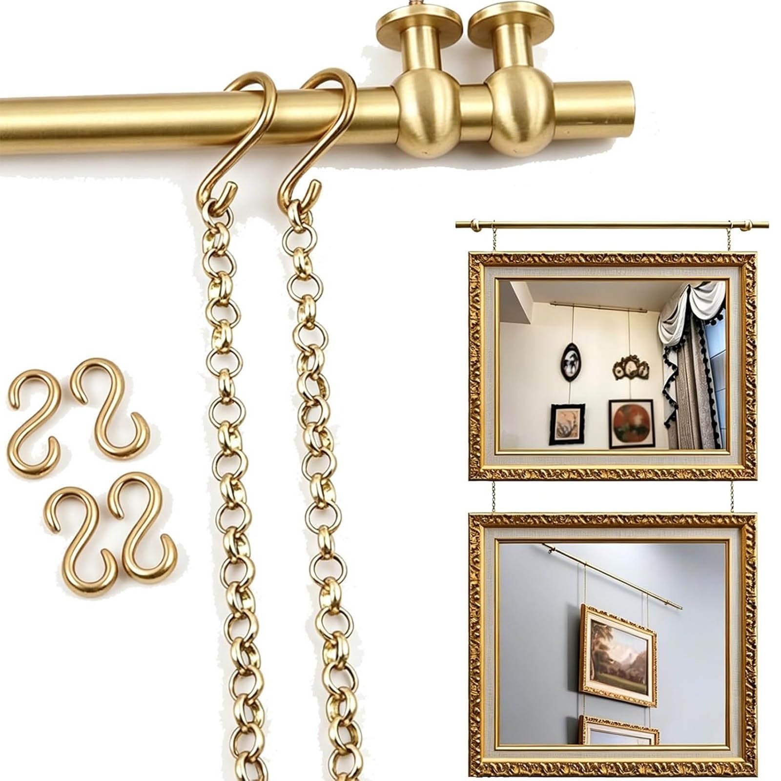 Zhoudong Indoor Art Picture Hanging Track, Brass Gallery Rail, Adjustable Wall Vintage Gold Track System, Photo Display Rod, for Museum/Home Decor(47.2in Rod)