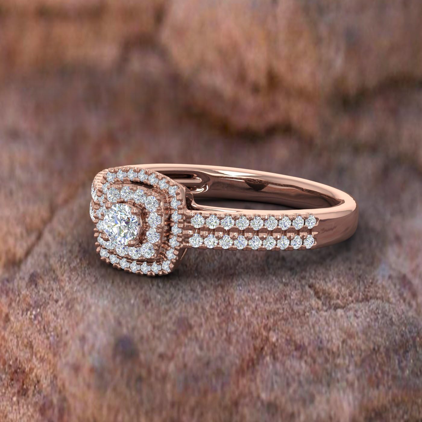 1/2 Carat Round Diamond Double Halo Engagement Ring in 10K Gold - pave Split Shank Ring for Women