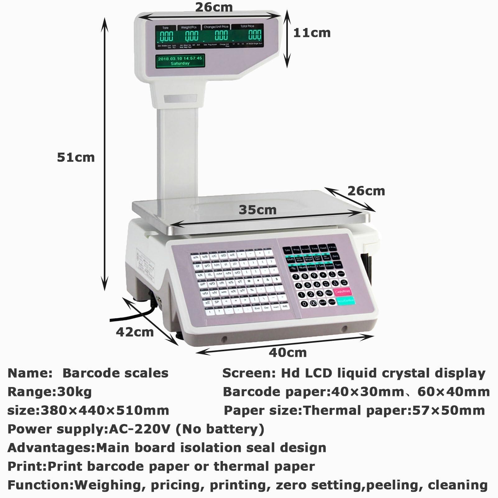 Cyfrowa Waga Cenowa, Komercyjna Waga Do Drukowania Etykiet Z Dwustronnym Wyświetlaczem Lcd, Udźwig 30 Kg/66,14 Funta, Do Supermarketów/Sklepów Detalicznych
