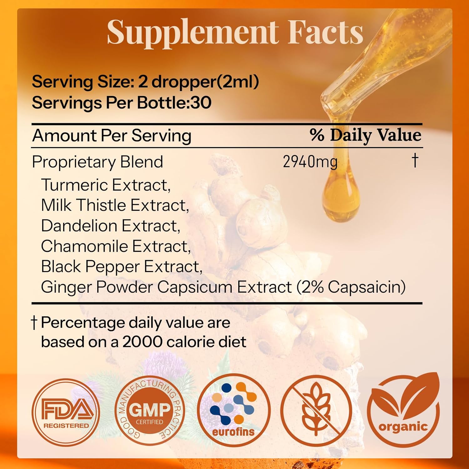 Turmeric Curcumin Complex Liquid Drops with Milk Thistle, Dandelion & Chamomile | High-Absorption Herbal Blend with Black Pepper & Ginger | Orange Flavor | 2 fl oz - Image 2