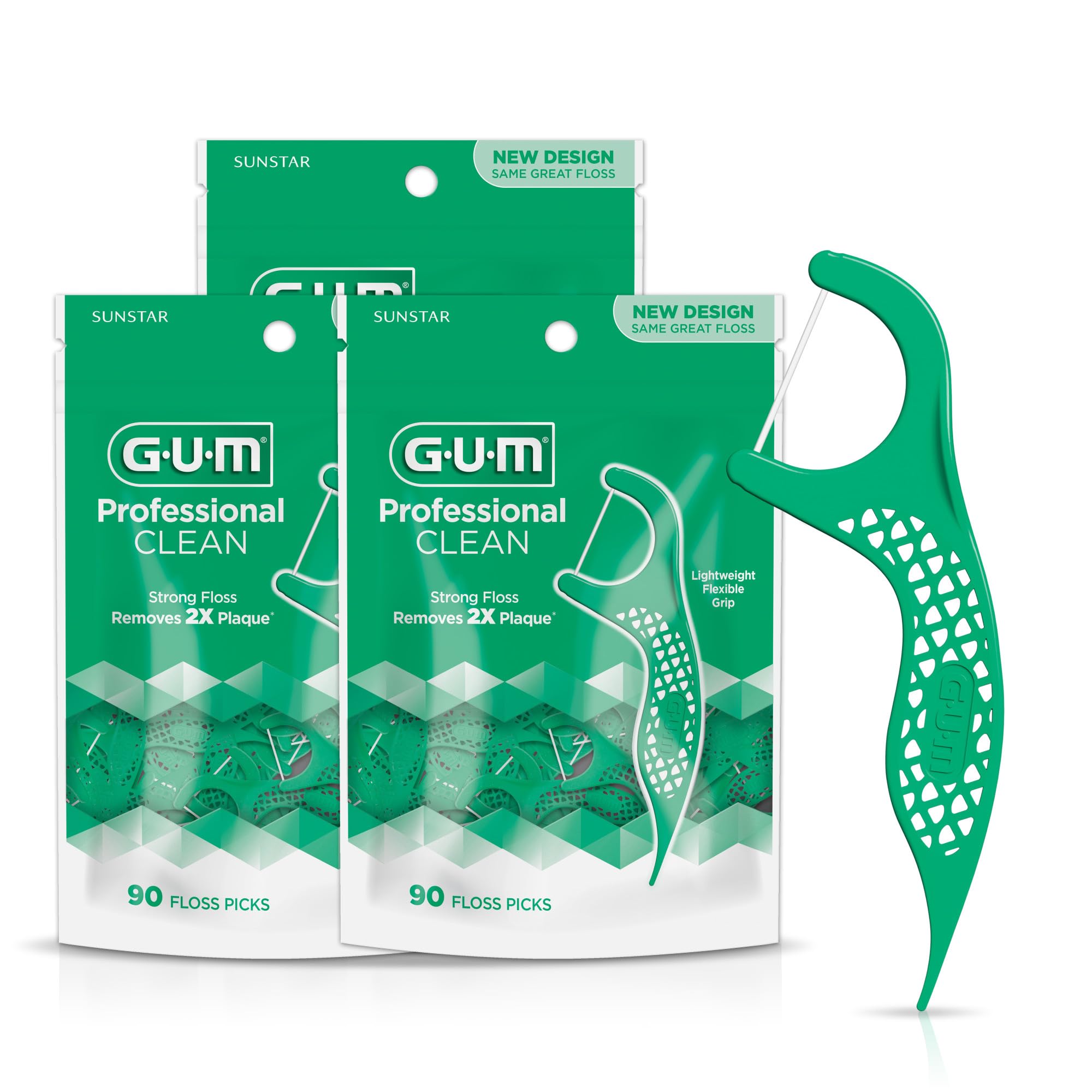 GUM Professional Clean Floss Pick - Super Strong Shatterproof Floss, Easy Grip Handle - Adult Dental Flosser - Fresh Mint Flavor, 90ct (3 Pack)