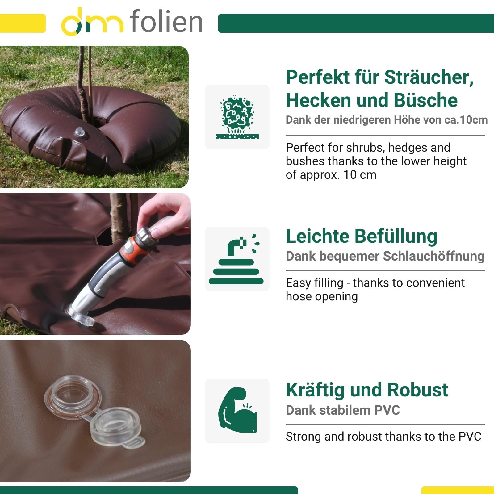 dm-folien Bewässerungsring I 10 Stück I Bewässerungsringe für Bäume, Hecke & Strauch I Bewässerungshilfe mit 55 Liter I UV-beständiger Bewässerungssack zur gezielten Pflanzen-Bewässerung