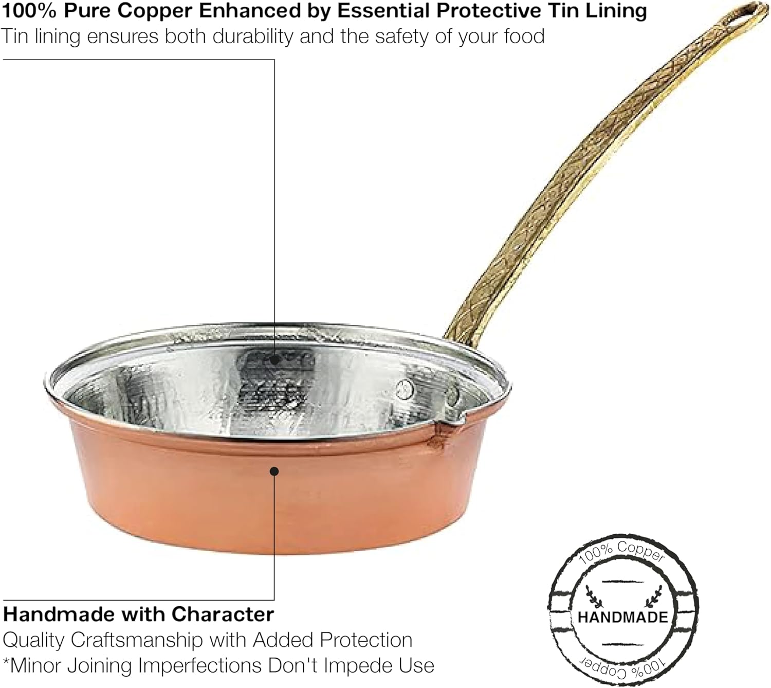 Hakan Multipurpose Pure Copper Cookware with Handle, Handmade Copper Sauté and Frying Pan, Turkish Butter and Milk Warmer Pan, Decorative Copper Skillet, Suitable for Oven & Stovetop (Medium 7.9 in)