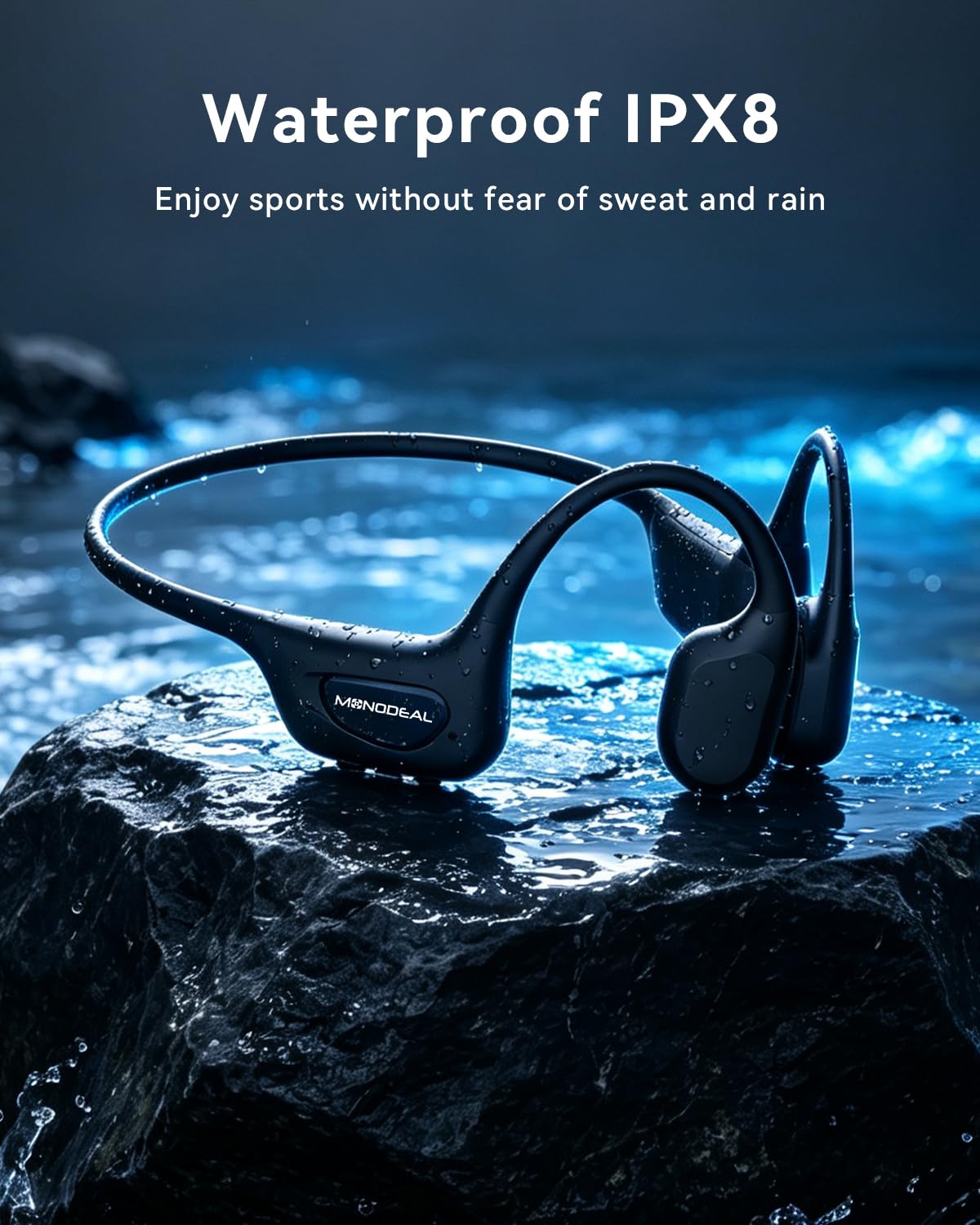 MONODEAL Écouteurs intra-auriculaires Bluetooth 6.0 étanches IPX8 à conduction osseuse pour le jogging, le cyclisme, le fitness