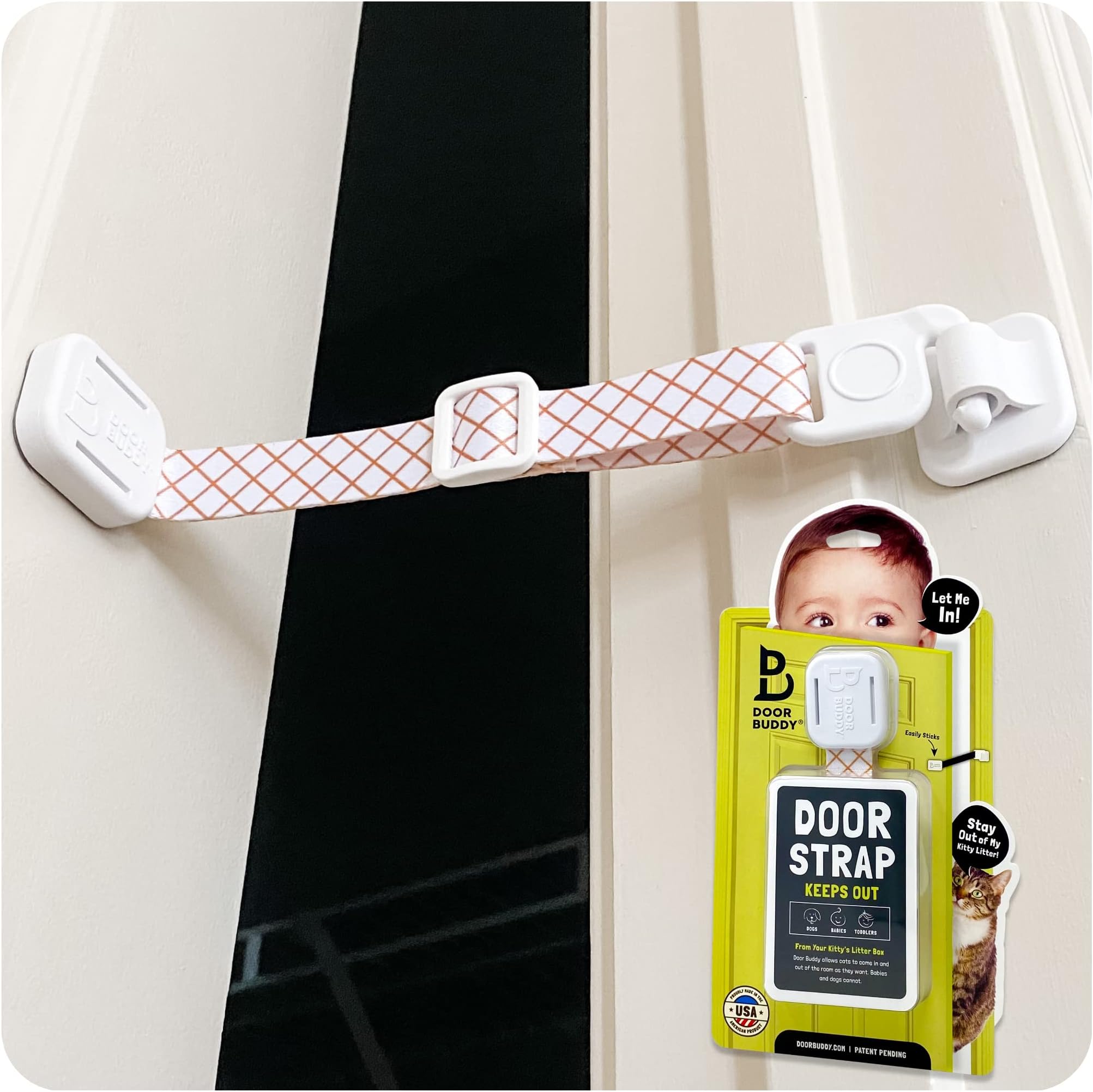 Door Buddy Child Proof Door Lock with Adjustable Strap. No Need for Baby Gate with Pet Door. Baby Proof Door to Litter Box Room. Cats Enter Easily. Installs in Seconds and is Simple to Use. (Caramel)