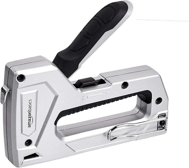 Amazon Basics Heavy Duty Staple Gun - Stapler Gun with 1000 Pieces Staples, Soft Rubber Grip, for Upholstery, Home Repair, Carpentry, Decoration and Furniture