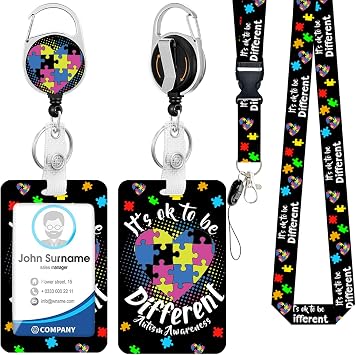 Autism Awareness Different Lanyards for ID Badges, Funny Teacher ID Badge Holder with Breakaway Lanyard Retractable Badge Reel, ID Card Holder Keychain Name Badge Clip for Teacher Nurse Student