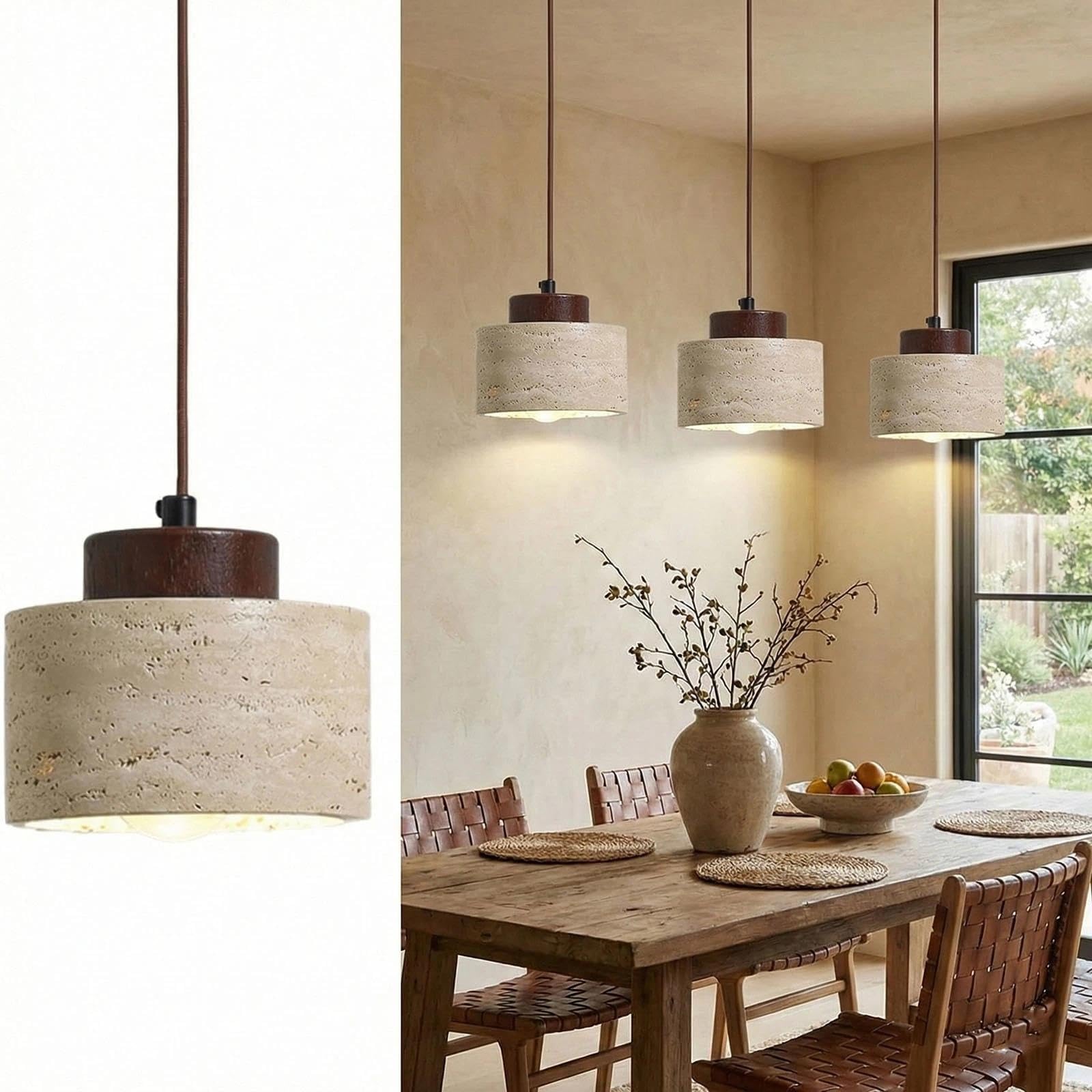 LYMSXAZOU Chandelier Ceiling Light, Natural Stone Cylinder Pendant Lights for Kitchen Island & Dining Room, Nordic Travertine Hanging Light with Wood Accents, Small E27 (Walnut Color 1 Item,12X11CM)
