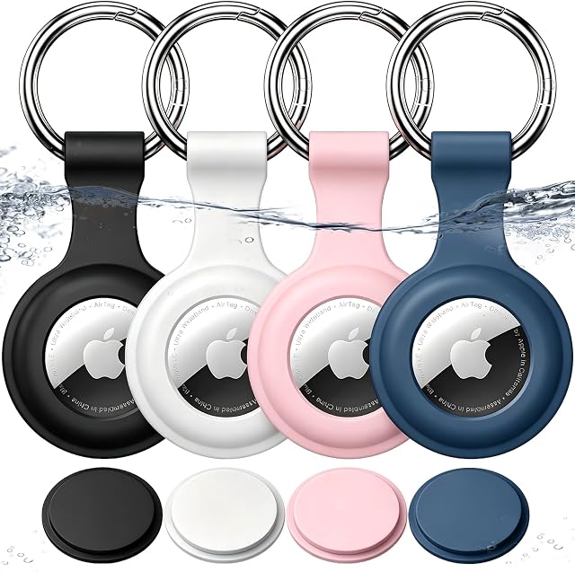 4-Pack IPX8 Waterproof for Airtag Holder, Soft Silicone Case Keychain Compatible with Apple AirTags 1st & 2nd Generation, Shockproof and Anti-Scratch Cover for Pet Collar, Keys, Bags, Luggages