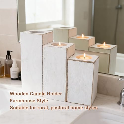 Miniatura 5 de Portavelas de madera, 3 unidades, estilo rústico de granja, soporte para velas con base plana para decoración del hogar, centro de mesa