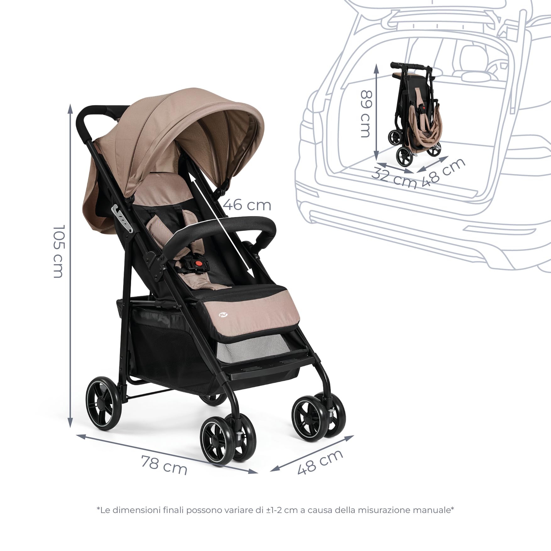 MS BabyWorld Passeggino STREET Carrello bimbo leggero Dalla nascita a 36 mesi 22 kg Ammortizzatori Cappottina XXL Reclinazione massima Beige