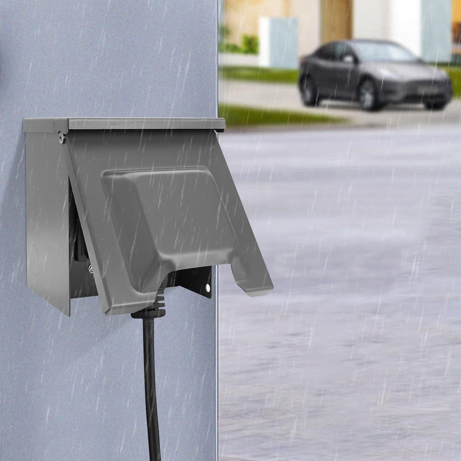 Outdoor Electrical Outlet Box, Weatherproof Dual 20 AMP GFCI Receptacles Metal Outlet with Cover Outdoor Charging Box for Yard, Garage (Black)