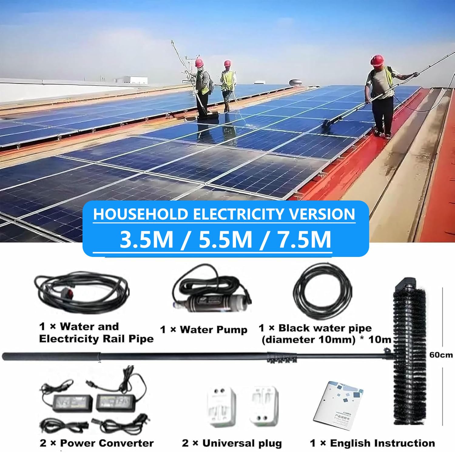 Solar-reinigungsbürste/waschbürste Auto mit Nass- und Trockenwasserreinigung mit Teleskopstange aus Aluminiumlegierung, 60 cm/23,6 Zoll Handrollenbürste, 750cm/24.6ft