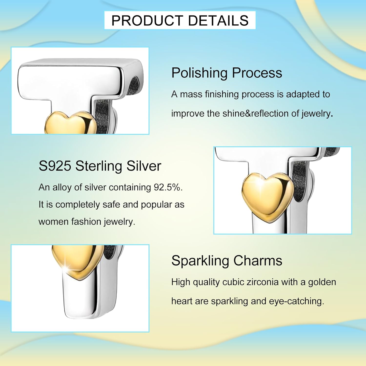 PARCOM S925 Sterling Silver Charms for Bracelets and Necklaces,Letter Charms A-Z for Bracelet Necklace with Golden Heart Initial Beads Pendant Jewelry Bracelets for Women Birthday Ceremony - Image 5