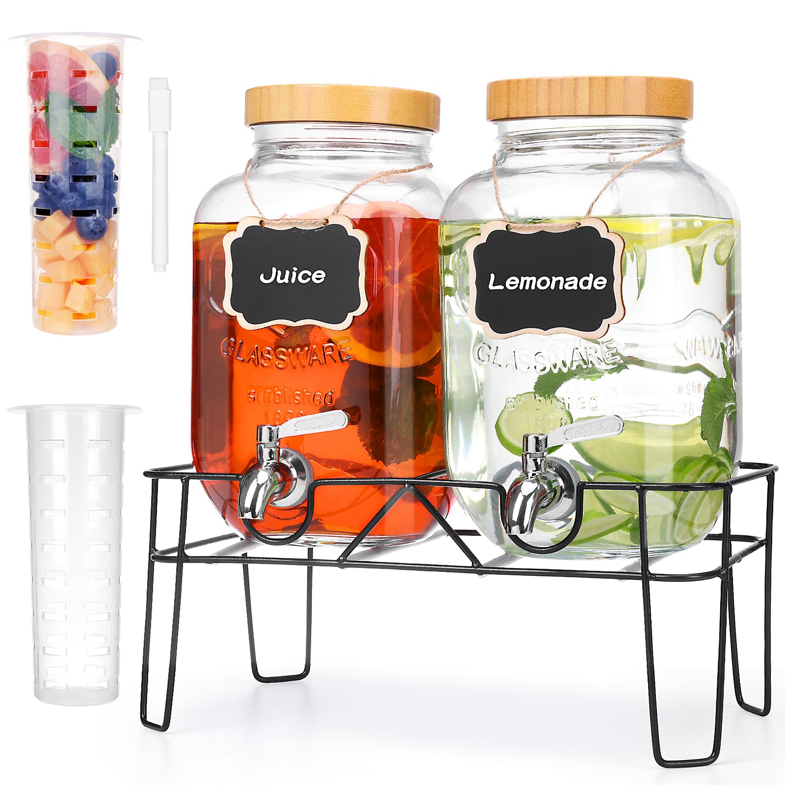 Photo 1 of 2 Pack 1 Gallon Glass Drink Dispenser with Bamboo Lids, Beverage Dispenser with Stand, Drink Machine for Lemonade, Iced Drinks Kombucha Dispenser for Parties